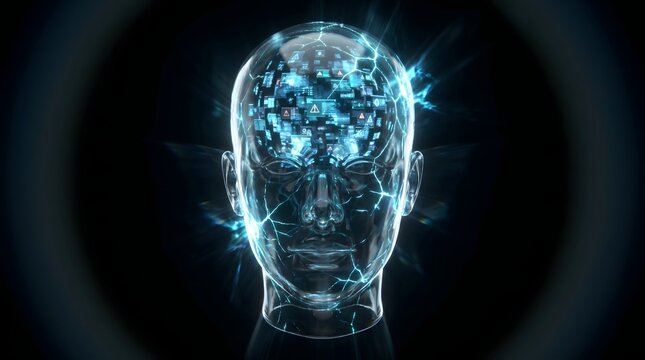 Cybersecurity Data Breach and System Error Concept with Glowing Glass Human Head Malfunctioning