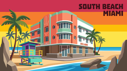 Fototapeta premium south beach miami coastline vector with turquoise ocean colorful atmosphere and vibrant waterfront travel destination