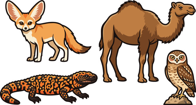 Desert Animals Vector Illustration Set Featuring Fennec Fox, Dromedary Camel, Gila Monster Lizard, and Burrowing Owl Characters Isolated on White Background