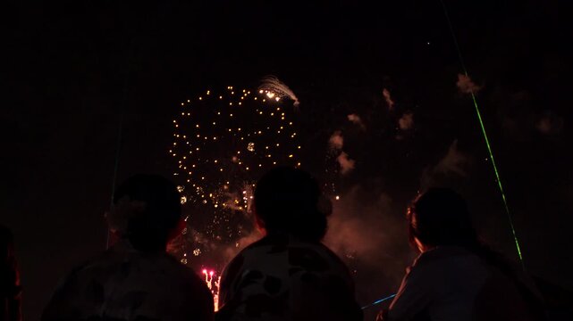 TOKYO, JAPAN - MAY 2026 : View of fireworks and back shot of people. Japanese summer season and festival concept video.