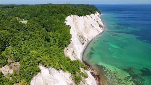 Aerial view of Mons Klint white chalk cliffs and Baltic Sea coastline in Denmark