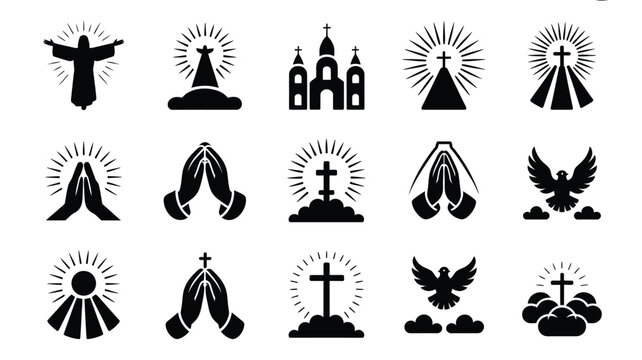 Set of christian icons depicting prayer hands jesus christ figures church crosses spirit.