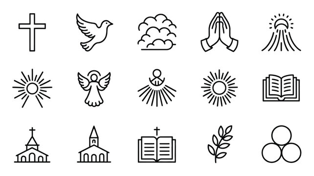 Christianity symbols set including cross dove praying hands sun angel open book church.
