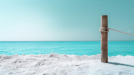 Fototapeta premium Summer beach scenery, soft white sand in the foreground, calm turquoise water, pale sky, lonely wooden beach pole with rope, no people, pure and serene holiday atmosphere.