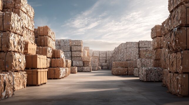 Industrial Recycling Center with Cardboard Bales Stacked on a Warehouse Floor Under Bright Sky
