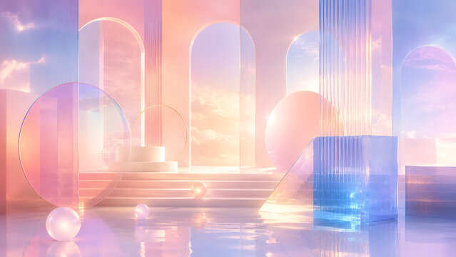 Ethereal Geometric Scene with Pastel Sunset Sky Reflections
