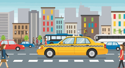 Yellow taxi cab and cars driving on city street with pedestrians and buildings © ari