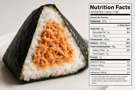Samgak Gimbap, triangular Korean rice ball with tuna filling wrapped in nori seaweed, displaying nutrition facts: calories, fat, carbohydrate, protein.
