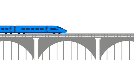 Modern blue high-speed train crossing a grand arched railway bridge, isolated on white. © ari