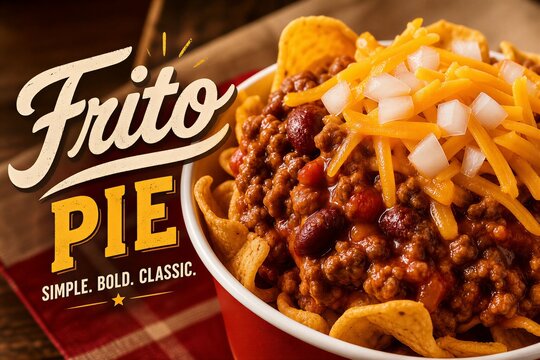 Hearty Frito Pie: Classic American Chili, Melted Cheddar Cheese, and Diced Onions Served Over Crunchy Corn Chips
