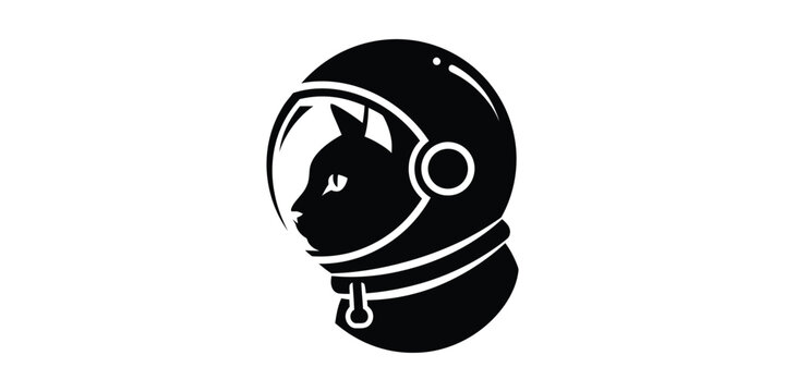 Black silhouette of a cat in an astronaut helmet, space explorer pet animal icon