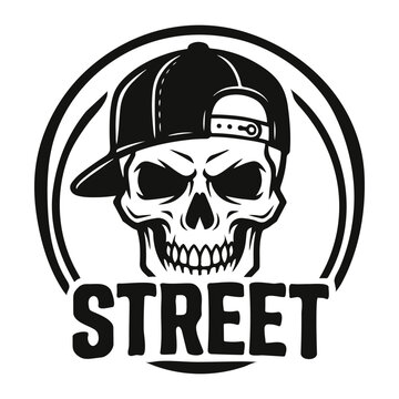 Streetwear skull logo design with snapback cap. Black and white urban vector illustration of an aggressive human skull mascot with "STREET" text for clothing brand, t-shirt print, or skate shop emblem