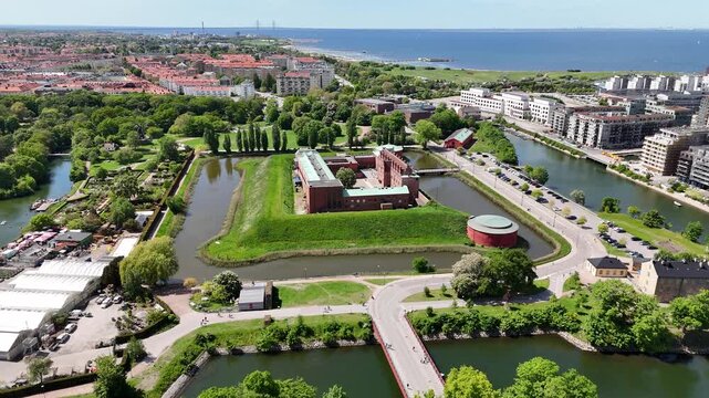 Drone shot of Malmo Castle (Malmohus Slott) in Malmo city, Sweden