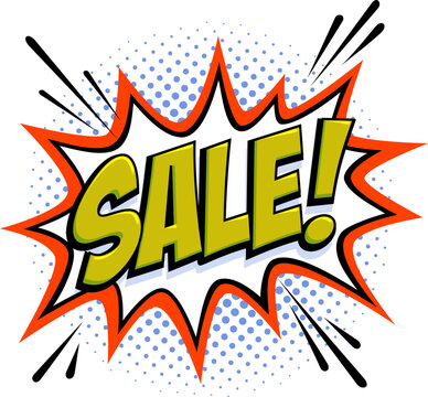 Comic sale starburst with bold yellow lettering on white burst shape, halftone background in retro pop art vector style. Sale sticker with layered burst design for discount labels, promo banners