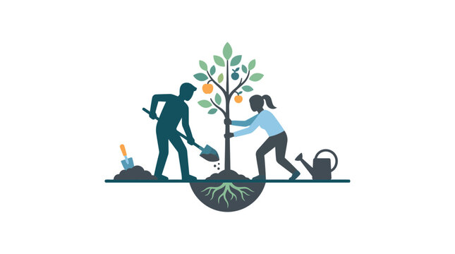 A man and a woman working together to plant a young fruit tree in the ground.