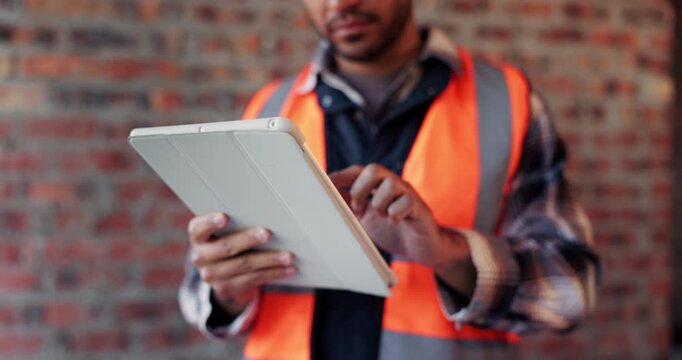 Tablet, man and hands at construction site with engineering app, internet or online schedule. Person, technology and scroll for project management, maintenance or renovation process of building