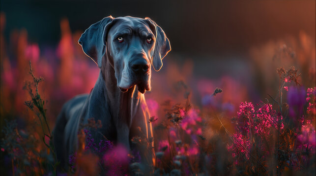 Majestic Blue Great Dane Dog in Wildflower Field at Sunset