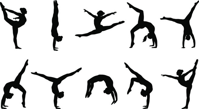 Gymnastics and acrobatics female silhouettes vector illustration, flexible dancers, handstand, backflip, split jump