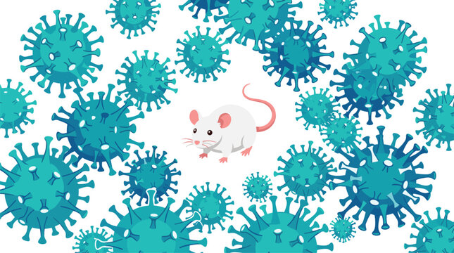 A small white mouse stands isolated in the center, surrounded by numerous floating blue virus particles against a stark white background.
