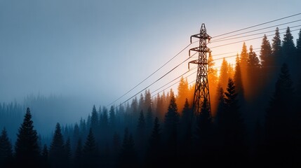 Obraz premium Electricity pylon and power lines dramatically silhouetted against a misty forest sunrise scene.