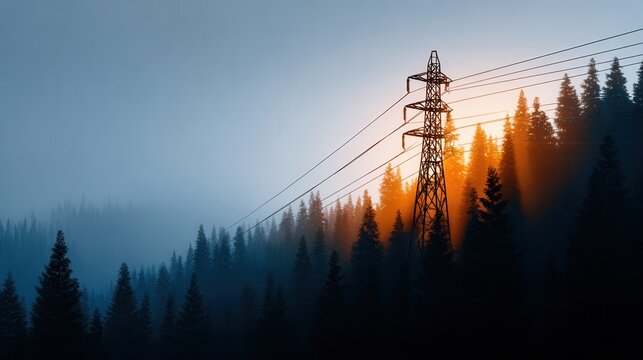 Electricity pylon and power lines dramatically silhouetted against a misty forest sunrise scene.