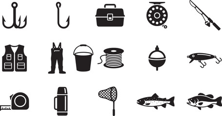 Fishing gear, tackle, and outdoor equipment black silhouette vector icon set © Open Expression