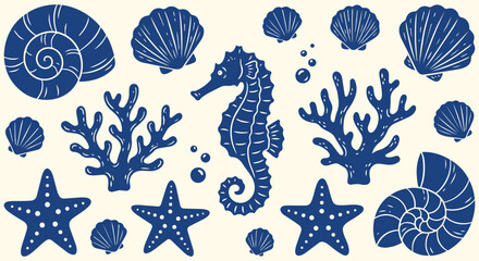 Ocean wildlife silhouette set featuring seahorse coral shells starfish and marine elements for coastal nature projects underwater scenes and nautical themed artwork © jonty