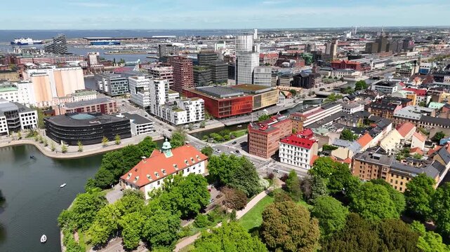Drone shot of Malmo cityscape, Sweden