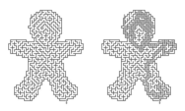 Gingerbread man hard maze printable with solution set