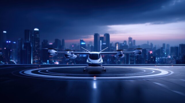 Advanced electric air vehicle parked on an illuminated platform above a bustling nocturnal metropolis