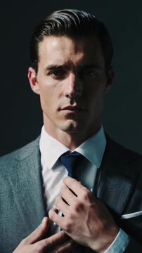 Young man in grey suit adjusting blue tie against dark background close up