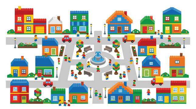 A vibrant isometric Lego-style town displays a central blue fountain surrounded by walking minifigures and colorful residential houses in the grid layout.