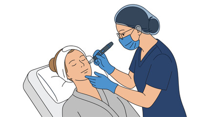 Fototapeta premium A masked aesthetician wearing dark blue scrubs carefully applies a microneedling facial therapy to a patient lying on a clinic bed.