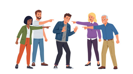Fototapeta premium A diverse group of aggressive individuals points fingers at a distressed young man standing alone in a tense and hostile atmosphere.