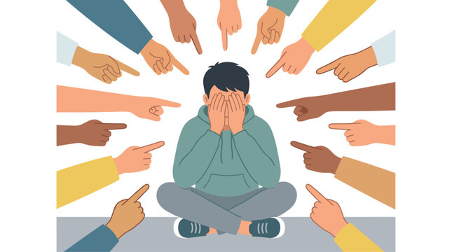 Numerous accusing hands point towards a vulnerable young man sitting on the floor with his face covered in deep emotional despair.