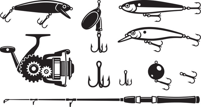 Fishing tackle and gear equipment black silhouette vector icon set with lures, reel, and rod