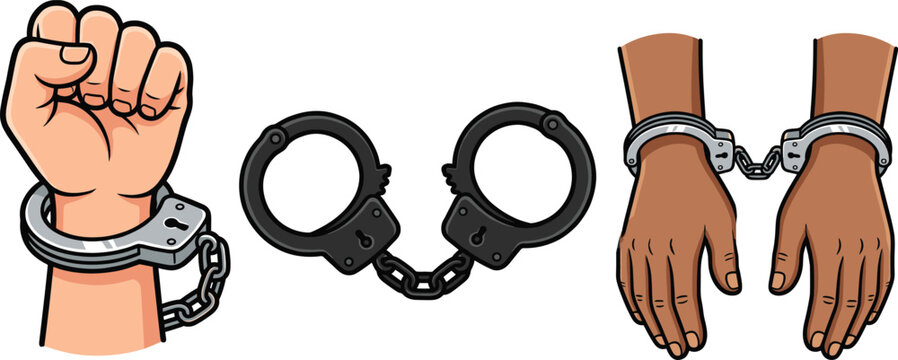 Handcuffs vector illustration set, arrested person handcuffed hands, criminal justice concept, white background