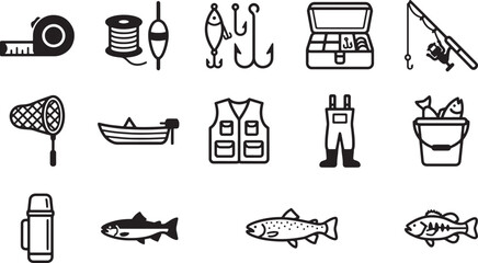 Outdoor fishing gear and equipment line art vector icon set © Open Expression