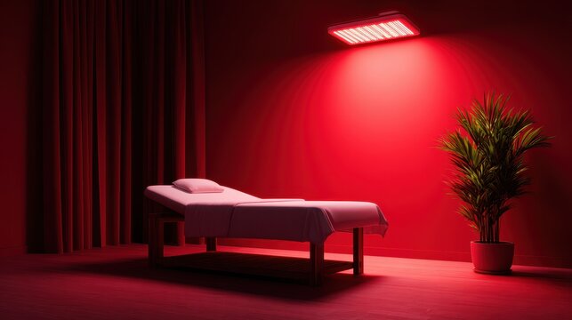 Modern wellness spa room with a vibrant red light therapy panel illuminating a tranquil bed