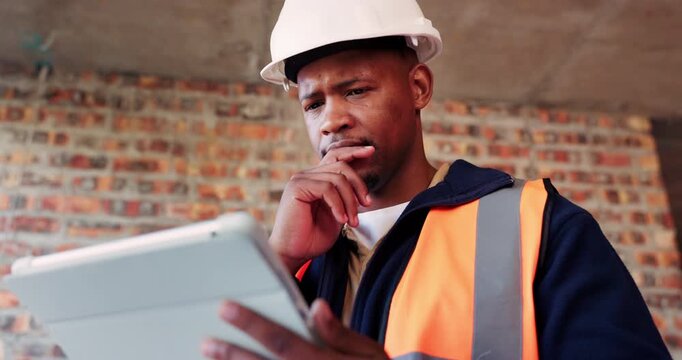 Tablet, man and thinking of idea at construction site with engineering app, internet or online schedule. Black person, tech and serious for project management, maintenance or renovation of building