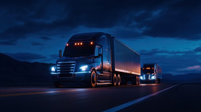 Futuristic semi trucks with glowing lights traverse a dark highway under a cloudy night sky