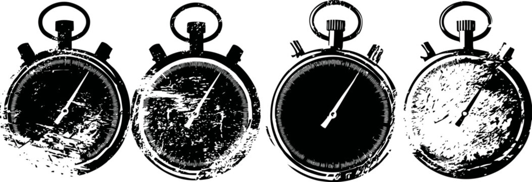 vintage stopwatch timer sequence grunge effect, measuring time with hands and dial classic analog clock concept