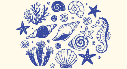 Seashell and Seahorse Doodle Collection with Starfish and Marine Elements © jonty