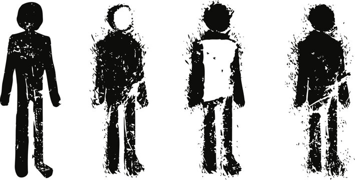 grunge human silhouettes set distressed textured people icons in various standing poses