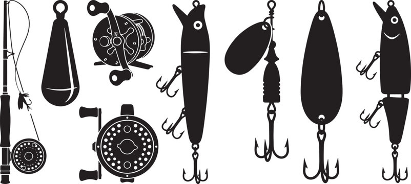 Fishing tackle, lures, and reel equipment black silhouette vector icon set