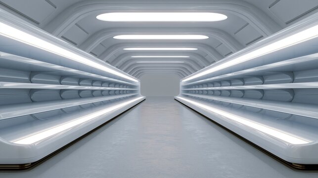 Futuristic Corridor: An empty, sterile corridor with sleek, modern design, illuminated by bright LED lights, suggesting a futuristic, high-tech environment or a clean room.