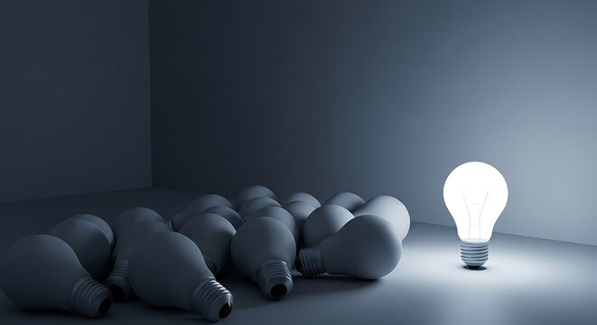 Single glowing light bulb among dark unlit bulbs representing creative idea and innovation with lightbulb creativity innovation inspiration solution leadership motivation business knowledge