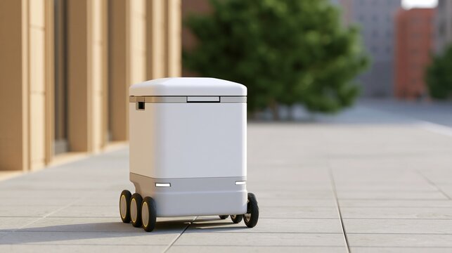 Autonomous Delivery Robot on Pavement: A white autonomous delivery robot with multiple wheels moves along a paved sidewalk, surrounded by modern architecture and greenery.