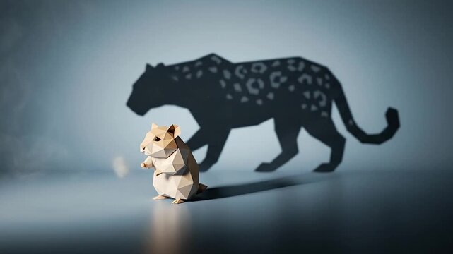 Origami mouse casting its shadow that transforms into a fierce jaguar silhouette illustrating shadow play and light manipulation