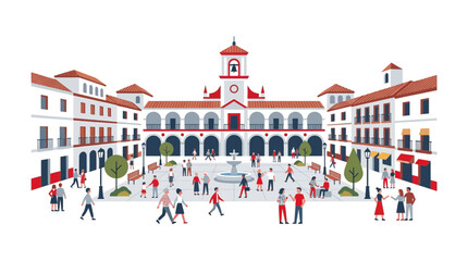 A vibrant town square featuring colonial architecture and a central fountain with people walking. © Basma_Isyraq